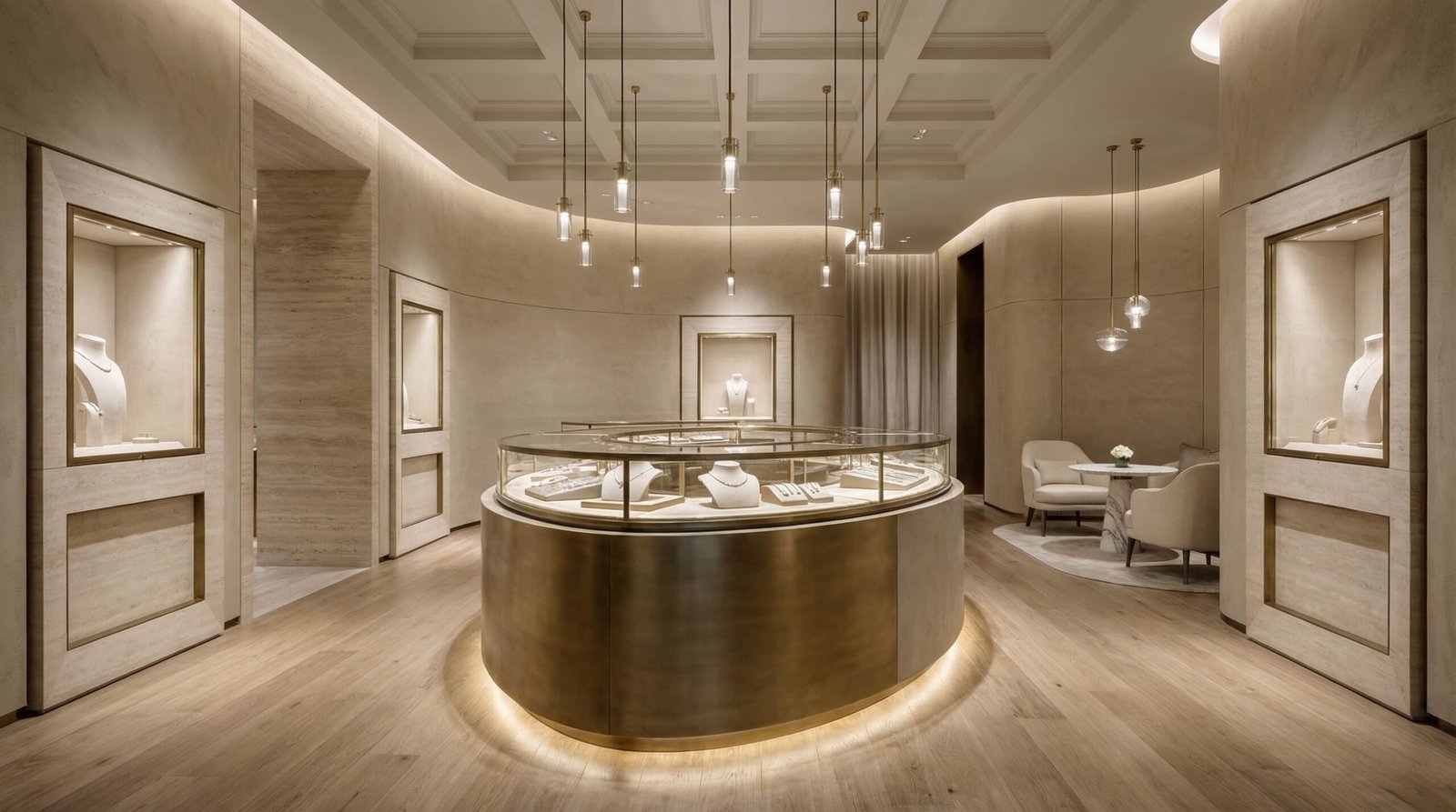 Boutique de joyería premium con exhibición clara, curada y consistente.