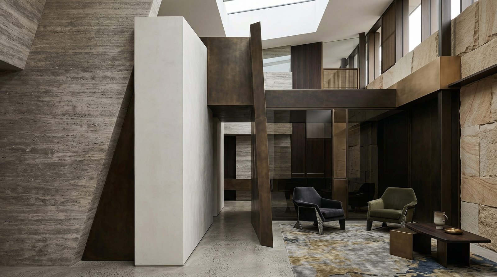 Arquitectura contemporánea premium con planos y volúmenes que sugieren tensión y desalineación estructural.